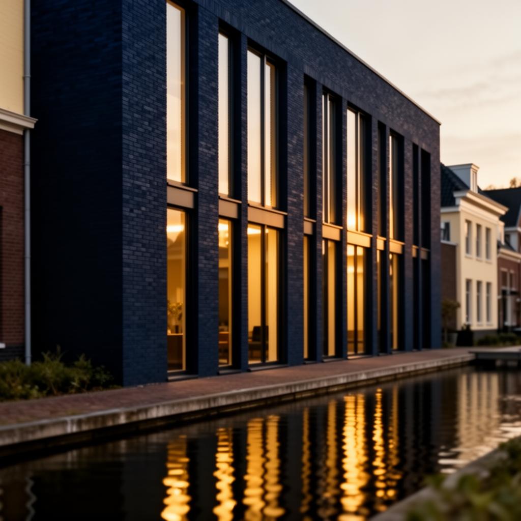 Modern Nederlands kantoorpand met donkere bakstenen gevel aan een gracht in avondlicht